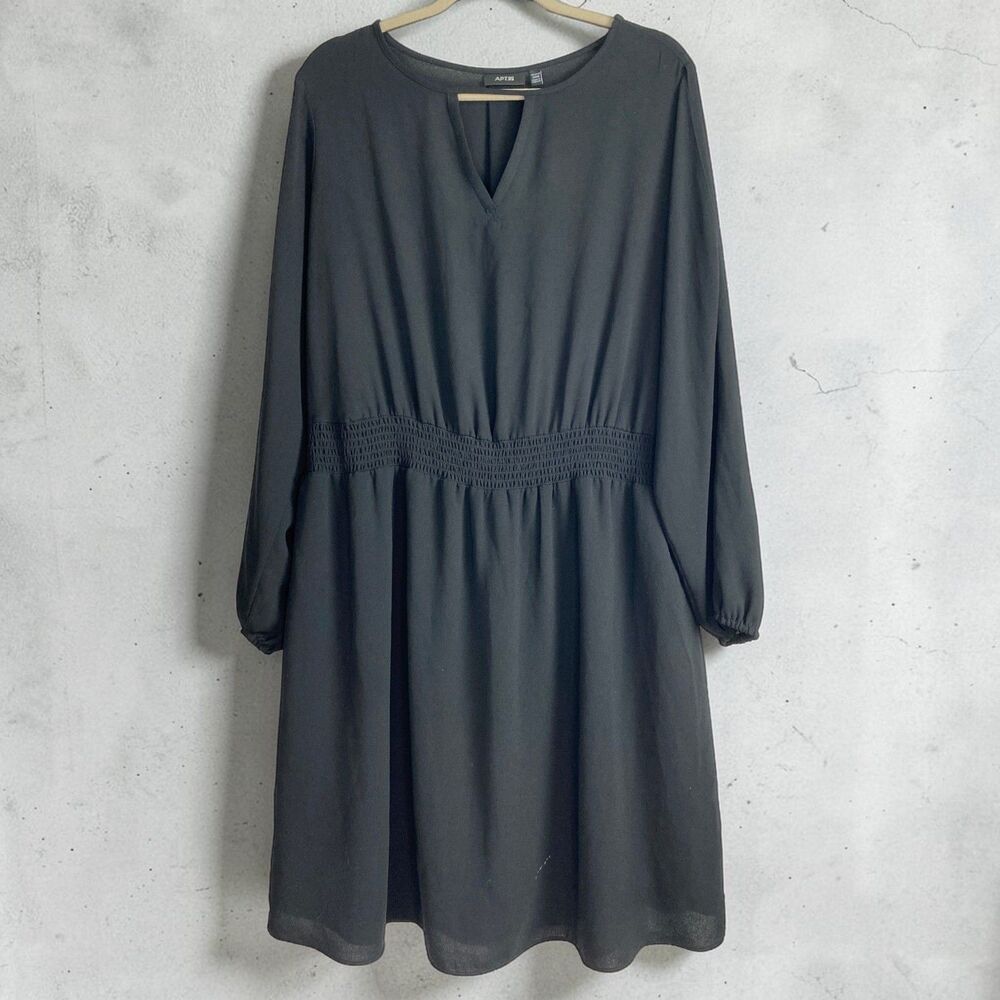 Apt 9 Plus Size 20W Black Dress Smocked Waist Split Sleeve Chiffon LBD V-Neck